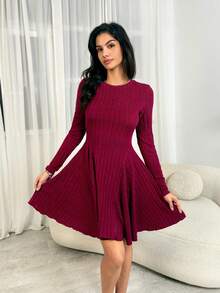 SHEIN Tall Váy ngắn tay dài cổ tròn màu trơn có gân dành cho ngày lễ tình nhân dành cho nữ/Màu đỏ tía, Trang phục năm mới cho nữ, Váy năm mới cho nữ, Váy dự tiệc năm mới, Váy cho nữ mùa đông - Màu Đỏ Sâu - Xem 7