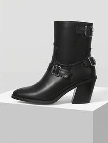 MOTF Botas de tobillo con tacón grueso, hebilla cuadrada, rayas, parches y suela de ante sintético negro, cómodas y de moda para el transporte diario - Negro - Ver 2