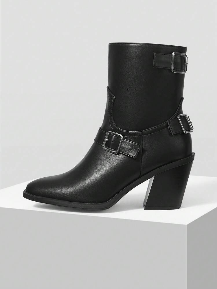 FASHIONABLE BASIC COMFORTABLE COMMUTE BLACK PATCHWORK FAUX SUEDE STRIPED SQUARE BUCKLE CHUNKY HEEL ANKLE BOOTS FOR CHRISTMAS