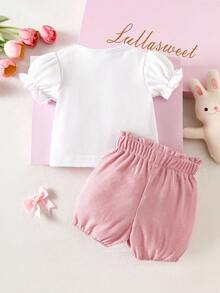 SHEIN Newborn Baby Girl Sweet White Bow Top And Pink Floral Shorts 2 Pieces Set - Pink - View 3