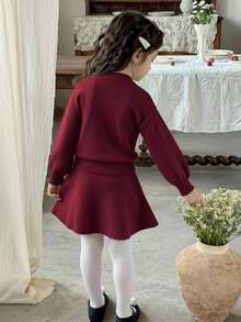 LMoss Kids 两件套女童纯色圆领修身毛衣和迷你裙套装 - 酒紅色 - 查看 2