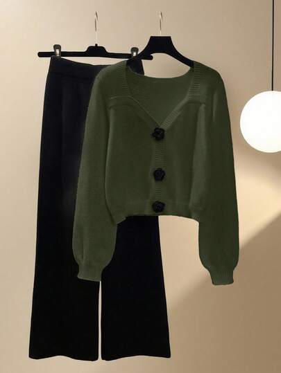 Franclia 2pcs Tea-Colored Outfit, Sweet Cropped Square Collar Knit Sweater & Wide Leg Knit Pants Set, Versatile Autumn Wear