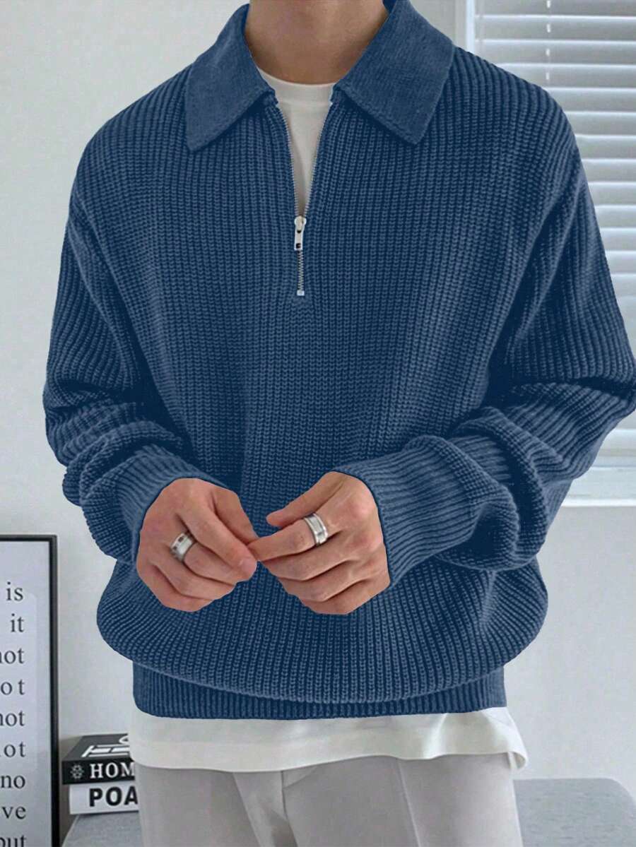 Claim Dot Men's Solid Color Half-Zipper Collar Sweater, Fall/Winter, Long Sleeve Top - Navy Blue - View 1