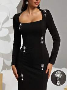 INAWLY 女士休闲派对长袖修身连衣裙 - 黑色 - 查看 1
