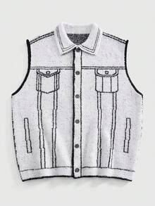 EASEVO Plus Size Men's Casual Loose Knitted Vest With Pattern, Autumn/Winter - Black and White - View 1
