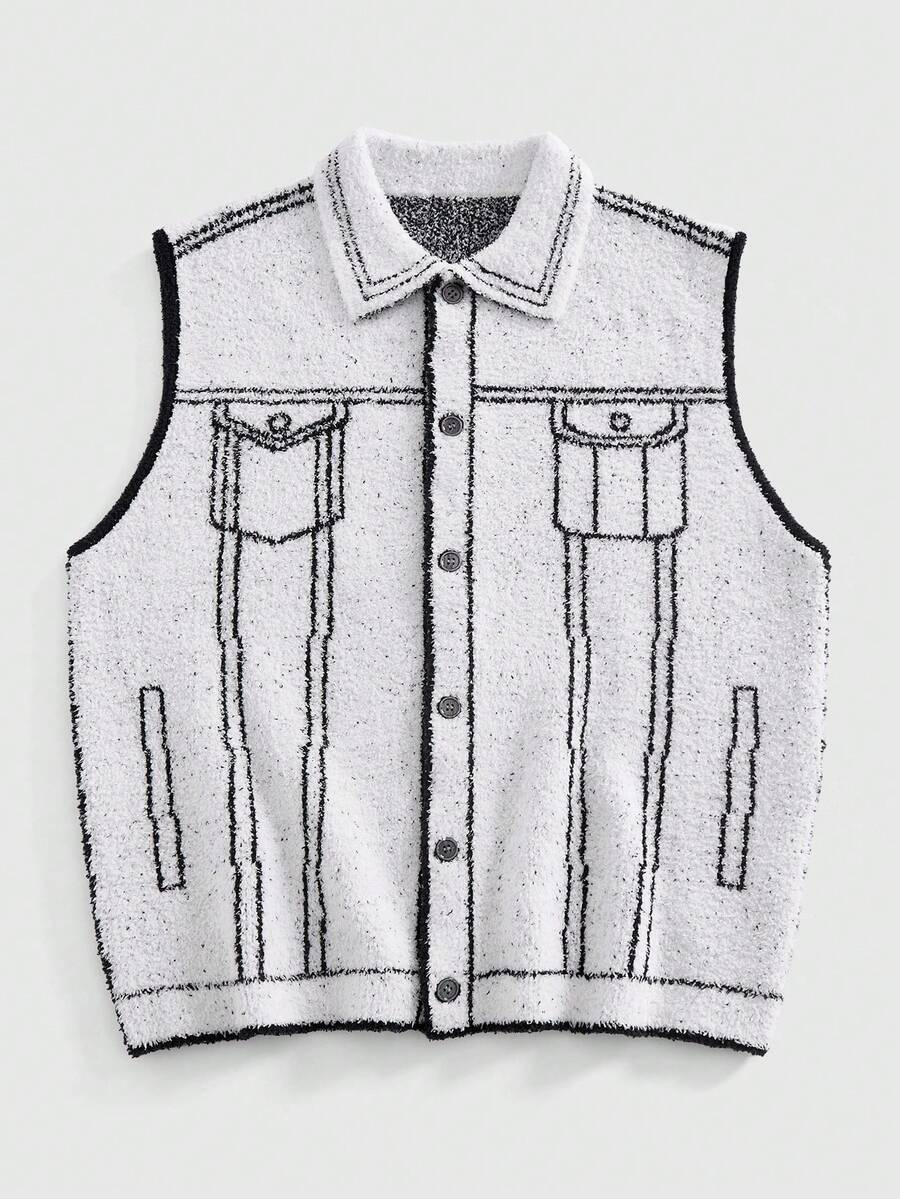 EASEVO Plus Size Men's Casual Loose Knitted Vest With Pattern, Autumn/Winter - Black and White - View 1