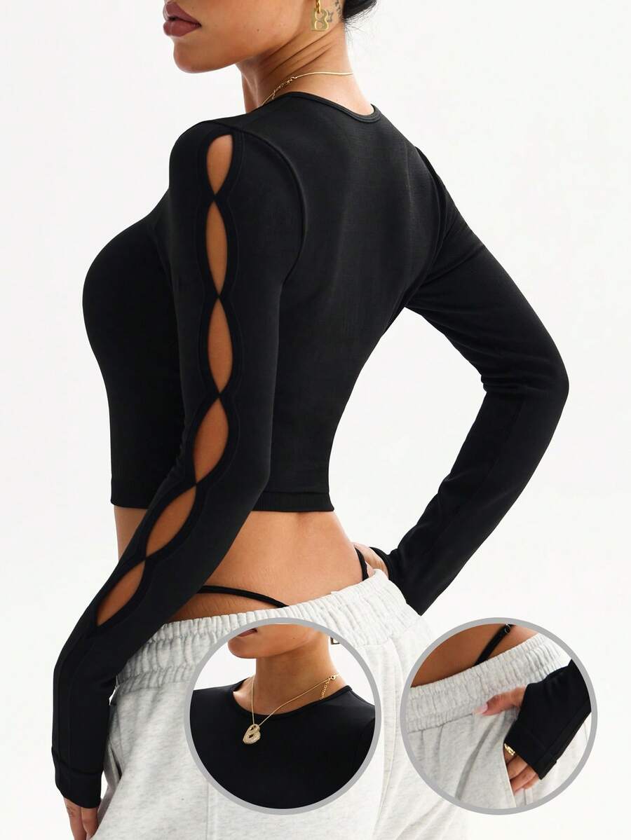 Dewbera 1件装 女士无缝长袖圆领镂空拇指孔跑步健身瑜伽打底外套T恤 性感运动服 健身衫 女士长袖 - 黑色 - 查看 1