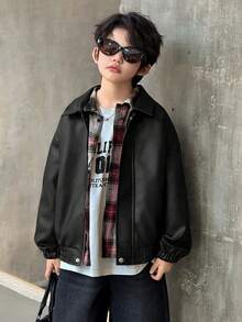 DAZY 男童纯色落肩长袖PU皮拉链休闲夹克 - 黑色 - 查看 3