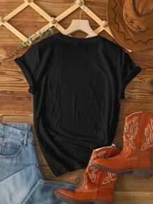 SHEIN LUNE 西部元素字母标语圆领短袖加大码T恤