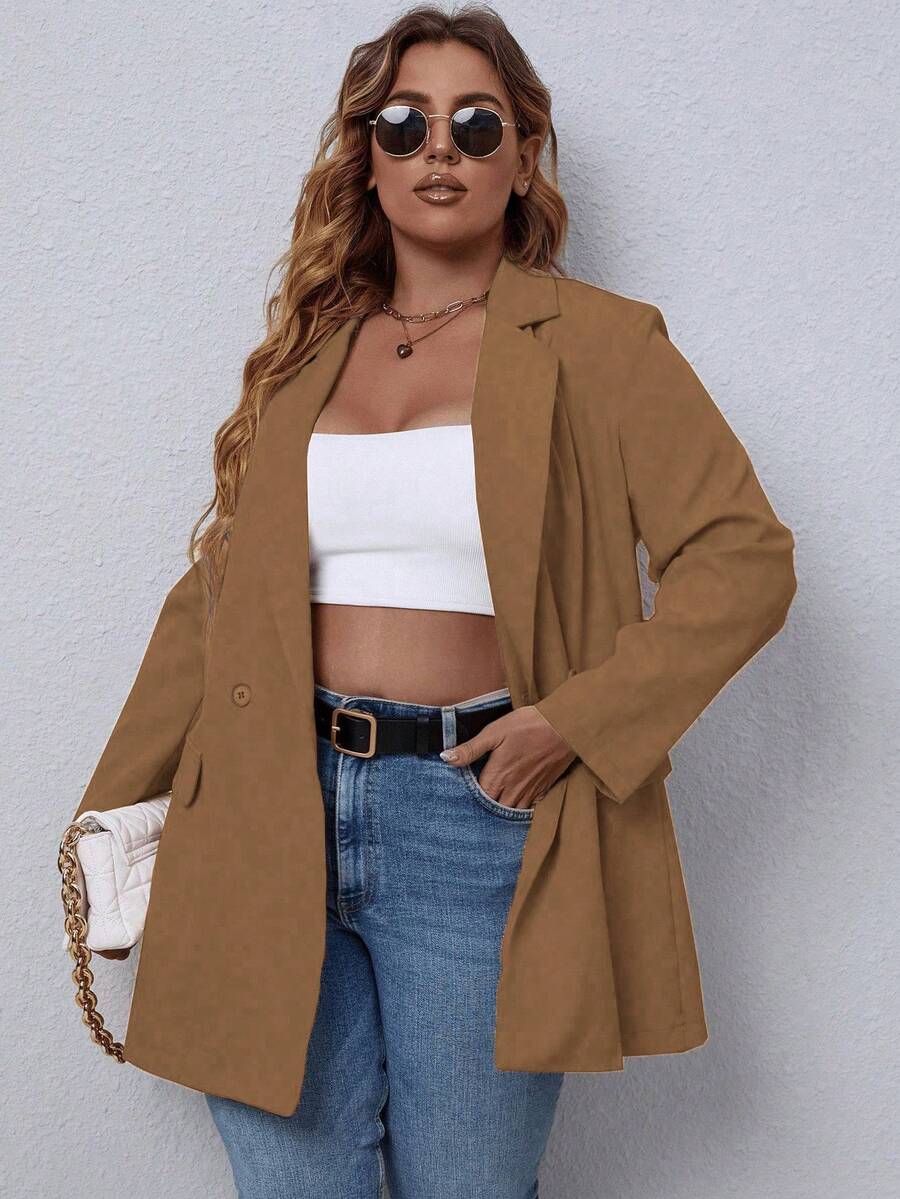 EMERY ROSE Áo khoác blazer tay dài cổ ve lật màu trơn cỡ lớn cho nữ - Màu Khaki - Xem 1