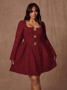 Rustia Plus Size Women Floral Print Square Neck Long Sleeve Waist Ruched Elegant Dress For Dates And Parties, Autumn/Winter - Burgundy - View 5