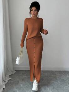 Elenzga 2pcs Women Casual Long Sleeve Top And Mini Skirt Co-Ord Set - Coffee Brown - View 6