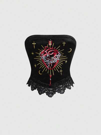 Gothic Dark Romantic Palace-Style Heart Embroidery Velvet & Contrast Lace Sexy Cropped Camisole Top For Women