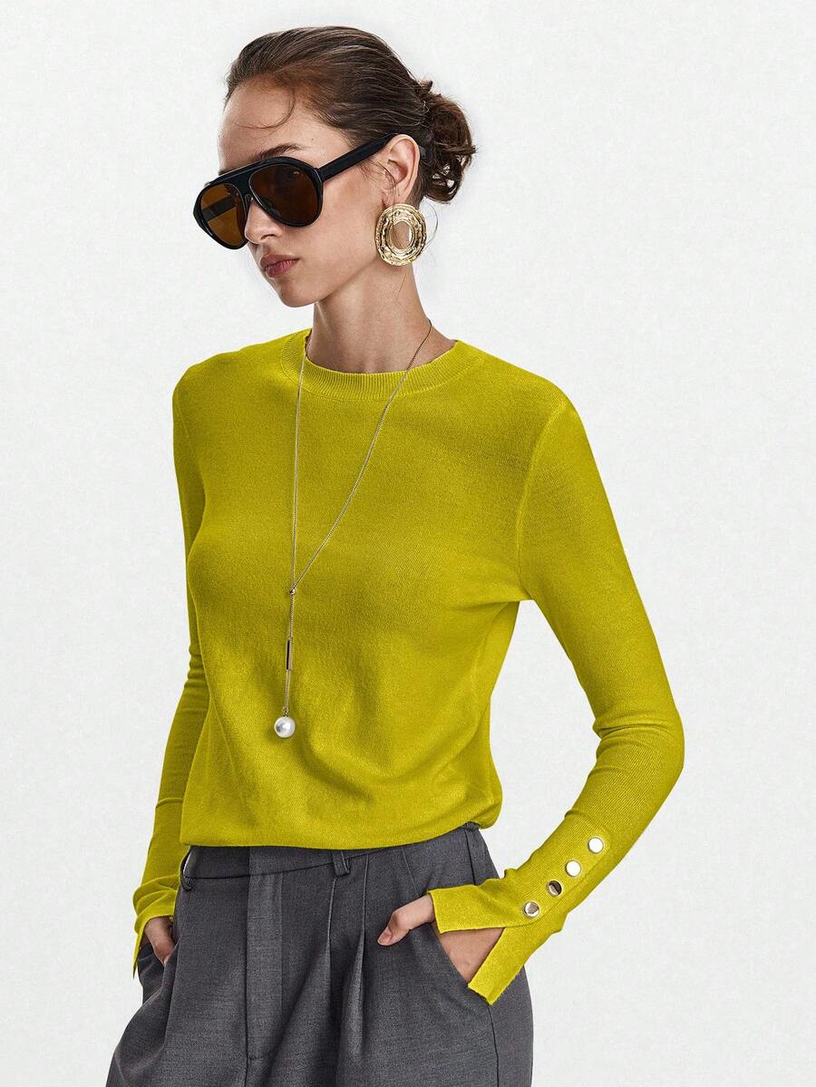 Lumivelle All-Match Round Neck Casual Versatile Long Sleeve Knit Undershirt Green Sweater - Green - View 1