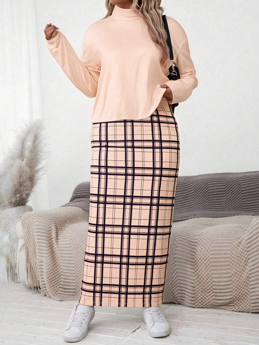 EMERY ROSE Plus Size Casual Solid Color Turtleneck Top And Retro Plaid Print Skirt 2 Pieces Set - Multicolor - View 1