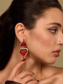 Glisma 女士吊坠耳环，服饰，哥特风/哥特式，复古，串珠，西部风珠宝，金属质感/纹理，宝石，秋冬款，适合妈妈/女士/女孩/母亲，高级，复古，心形 - 紅色 - 查看 1