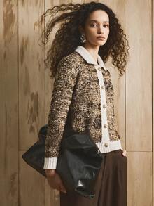 EMERY ROSE Women's Casual Contrast Trim Button Front Knit Cardigan, Autumn/Winter - Coffee Brown - View 5