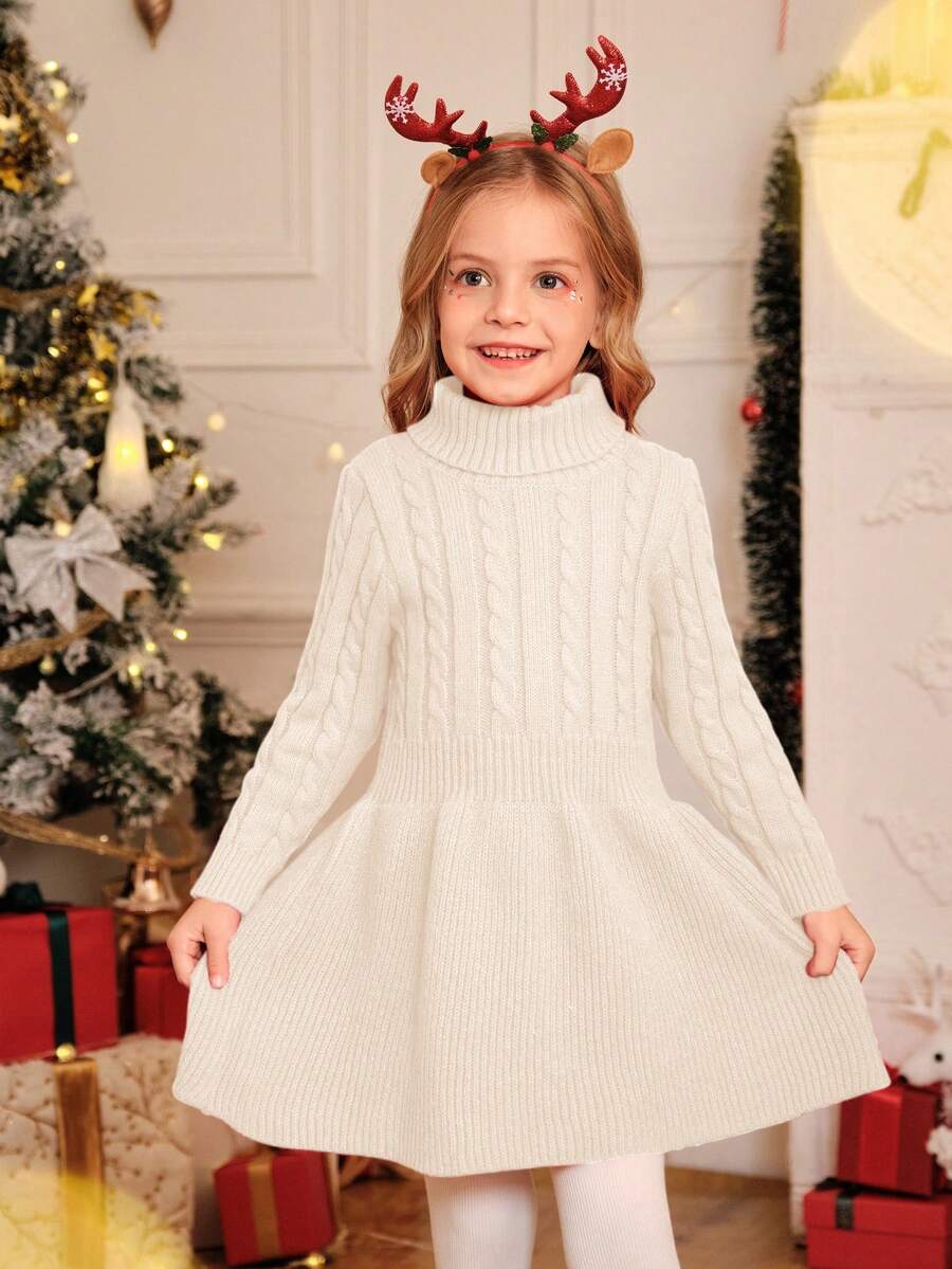 Elladie kids 女童A字高领针织连衣裙 女童冬季米色连衣裙 女童秋冬服装 女童春秋连衣裙 正式套头衫 适合14岁女孩 - 杏色 - 查看 1