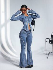 SHEIN Unity 女士口袋毛边休闲喇叭牛仔裤 - 淺色水洗藍 - 查看 6