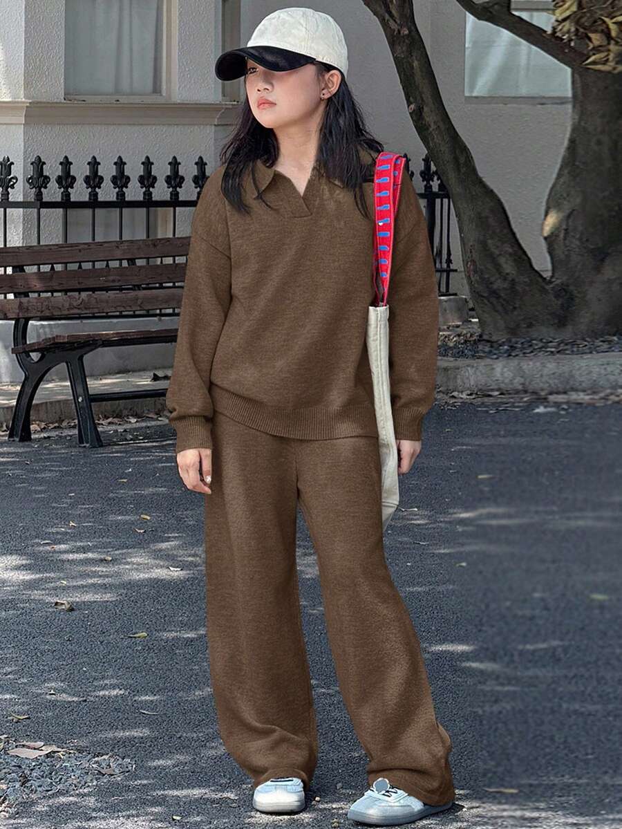 DAZY 少女休闲落肩毛衣套装 - 棕色 - 查看 1