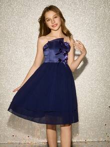 Váy voan xếp tầng không tay nhún eo bằng vải satin thanh lịch cho bé gái tuổi teen, màu xanh navy - Màu xanh hải quân - Xem 7