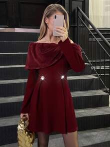 Elyressa Nouvelle robe de soirée à manches longues, épaules dénudées, taille en velours et évasée, en patchwork moelleux