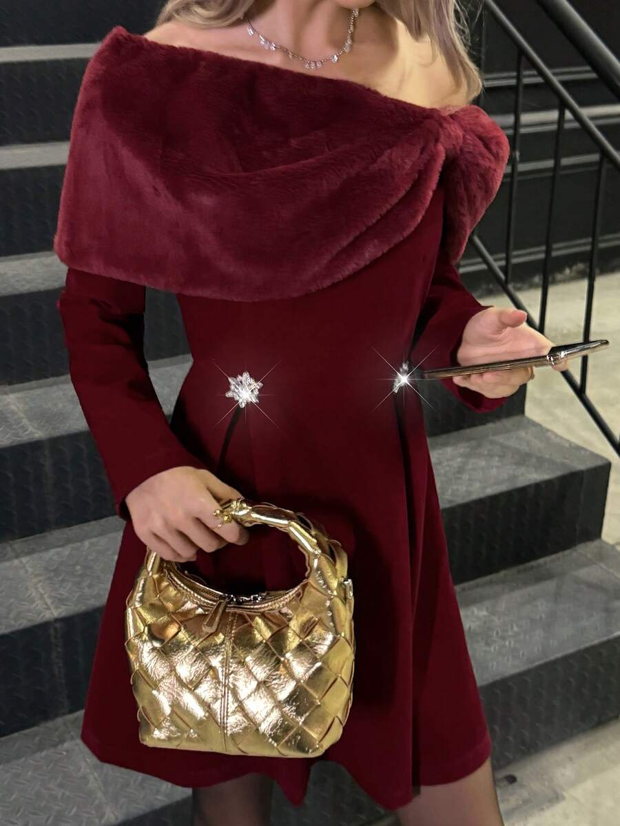 Elyressa Nouvelle robe de soirée à manches longues, épaules dénudées, taille en velours et évasée, en patchwork moelleux