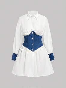 Sweetra Women's Color Block Waist Cinched Denim Dress - Blue - View 1