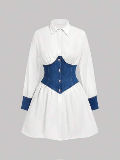 Sweetra Women's Color Block Waist Cinched Denim Dress