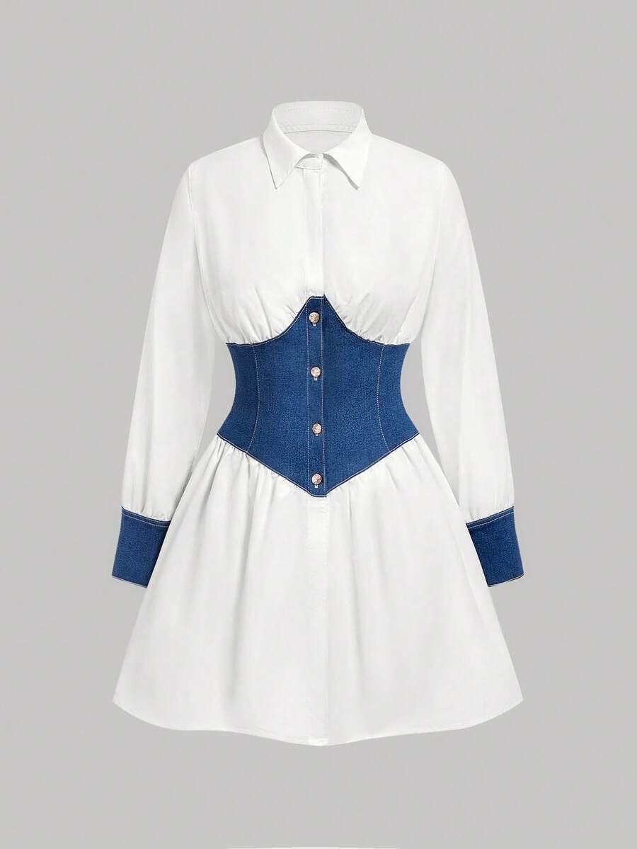 Sweetra Women's Color Block Waist Cinched Denim Dress - Blue - View 1