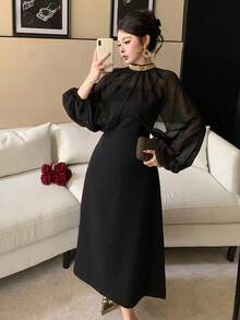 DAZY Women's Elegant 2 Pieces Set: Beaded Collar Mesh Blouse And Long Slip Dress - Black - View 6