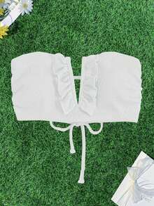 SHEIN Swim Women's Solid Color Bikini Top With Ruffled Hem, V-Wire Underwire, Summer Beach - White - View 3