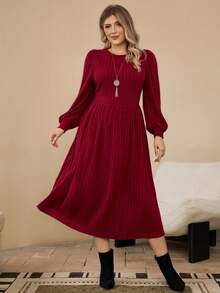 Rosumi Plus Solid Lantern Red With Sleeves Sleeve Ribbed Knit Winter Dress - Burgundy - View 8