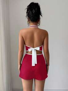 Selianne Nuevo conjunto de verano de 2 piezas para mujer con top corto con espalda descubierta y lazada, y shorts con bolsillos en contraste - Burdeos - Ver 2