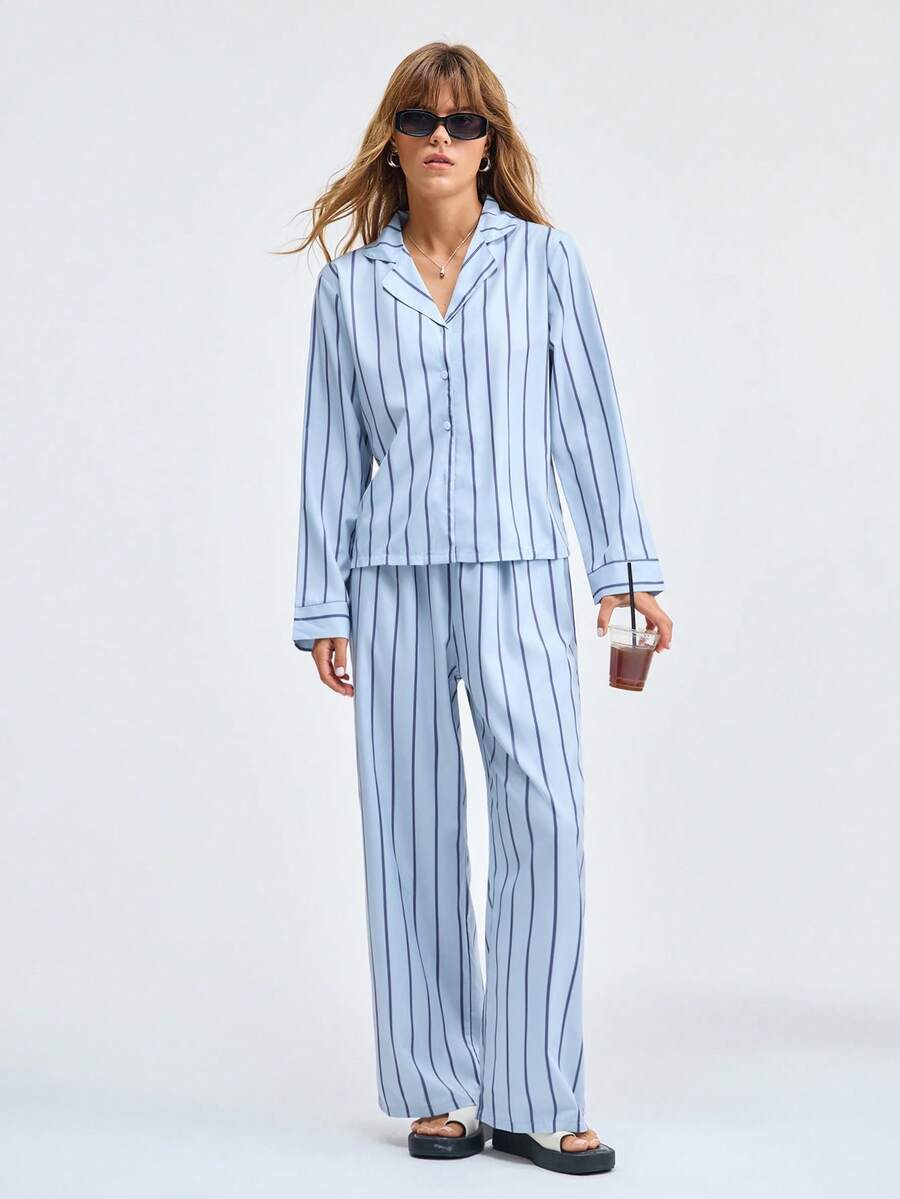 Loungeista 两件套女士宽松舒适透气条纹长袖睡衣套装 - 灰色 - 查看 1