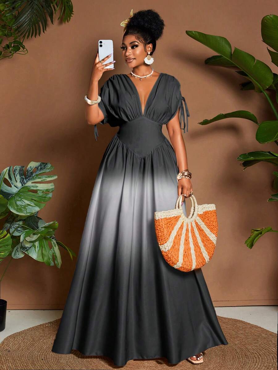 Eryvara Đầm maxi chữ A thắt nơ cổ chữ V họa tiết ombre lãng mạn thanh lịch dành cho nữ, thiết kế đa năng cho các buổi đi chơi, bãi biển, lễ hội âm nhạc, trang phục dự tiệc cưới tốt nghiệp cho khách mời, phong cách công sở thường ngày Boho, thắt nơ eo đàn hồi, du lịch nghỉ dưỡng, váy maxi chữ A mùa xuân/hè/thu - Xám - Xem 1