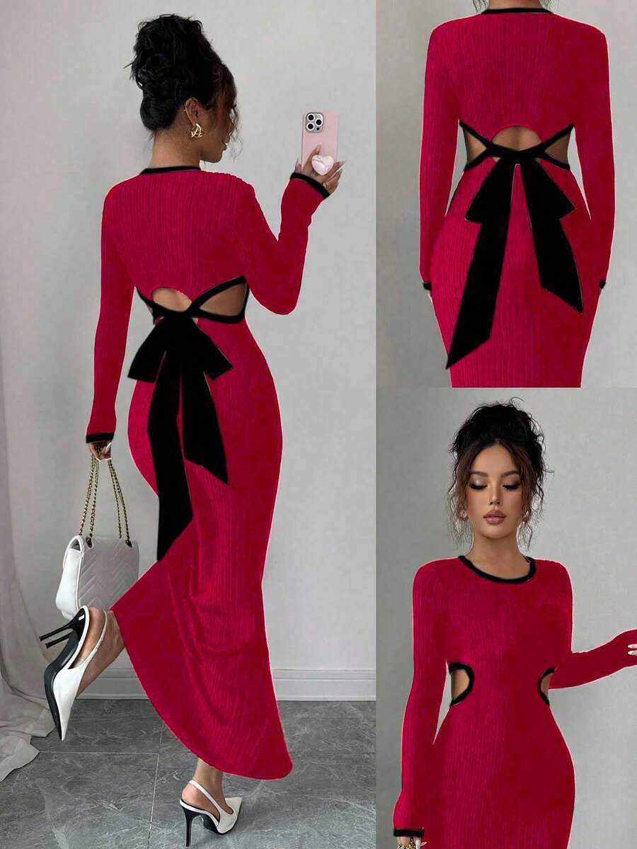 Elenzga Long Sleeve Fitted Round Neck Twist Back Dress For Women - Red - View 1