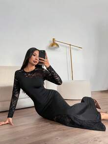 SHEIN PETITE 優雅黑色秋季用餐派對洋裝，女款暗黑風蕾絲拼接不對稱領口緊身魚尾長洋裝，長袖正式款，適合嬌小女性 - 黑色 - 查看 6