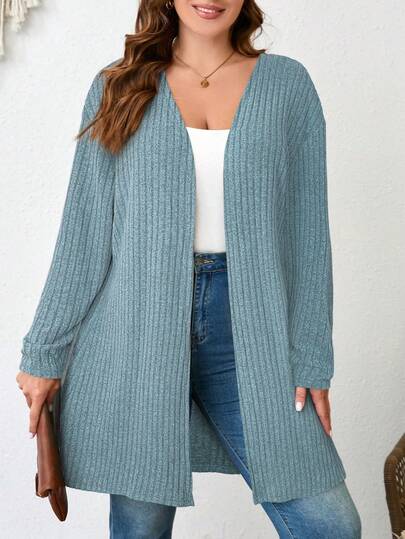 SHEIN LUNE Plus Size Plain Color Ribbed Knit Cardigan For Spring And Autumn Winter Clothes
