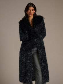 Aloruh 女士长款开衫，彩色条纹波西米亚风外套，配人造毛领和袖口，秋冬季 - 黑色 - 查看 7