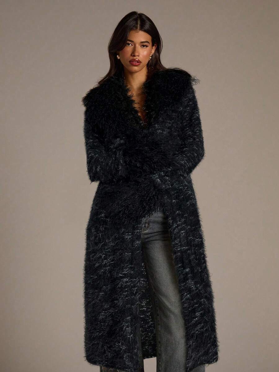 Aloruh 女士长款开衫，彩色条纹波西米亚风外套，配人造毛领和袖口，秋冬季