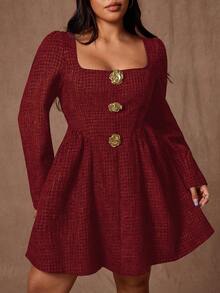 Rustia Plus Size Women Floral Print Square Neck Long Sleeve Waist Ruched Elegant Dress For Dates And Parties, Autumn/Winter - Burgundy - View 6