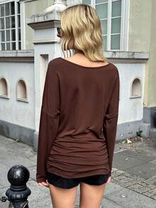 SHEIN EZwear Women's Coffee Brown Autumn Casual Everyday Blouse,Elegant Round Neck Batwing Long Sleeve Tie-Waist Regular Fit X-Shaped Fashion Urban Commute Tops - Brown - View 2