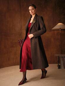 MOTF PREMIUM 羊毛混纺人字纹系带大衣，秋冬季 - 咖啡棕 - 查看 5