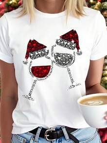 EMERY ROSE Plus Size Christmas T-Shirt, Plus Size Streetwear Graphic Tee, Casual Comfy Top, Vacation Vibe - White - View 1