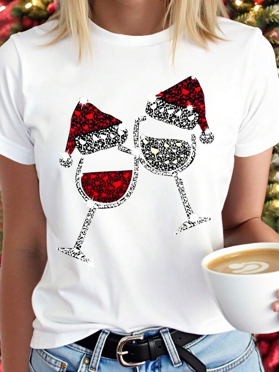 EMERY ROSE Plus Size Christmas T-Shirt, Plus Size Streetwear Graphic Tee, Casual Comfy Top, Vacation Vibe - White - View 1