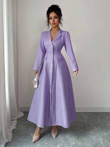 Elenzga Đầm dài chữ A hở lưng tay dài cho nữ, dáng dài, thoải mái, năng động, trẻ trung, thanh lịch - Màu tím - Xem 5