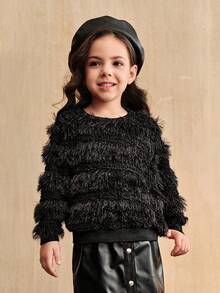 SHEIN 女童黑色时尚亲子装，流苏设计套头卫衣，条纹常规款上衣，适合通勤、秋冬季节穿着，母女装（2 件单独出售） - 黑色 - 查看 4