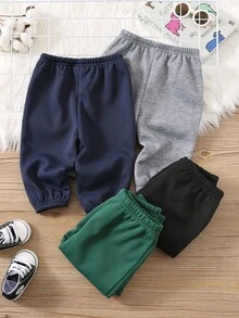 SHEIN 4件套男婴可爱保暖纯色弹力腰保暖内衬裤子，黑、绿、灰、蓝，秋冬百搭下装，适合幼儿园、滑雪户外男婴裤子冬季 - 彩色 - 查看 10