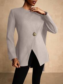 Lyxana 女士束腰马甲，金属扣装饰，裹身领，优雅奢华冬季款 - 卡其色 - 查看 4